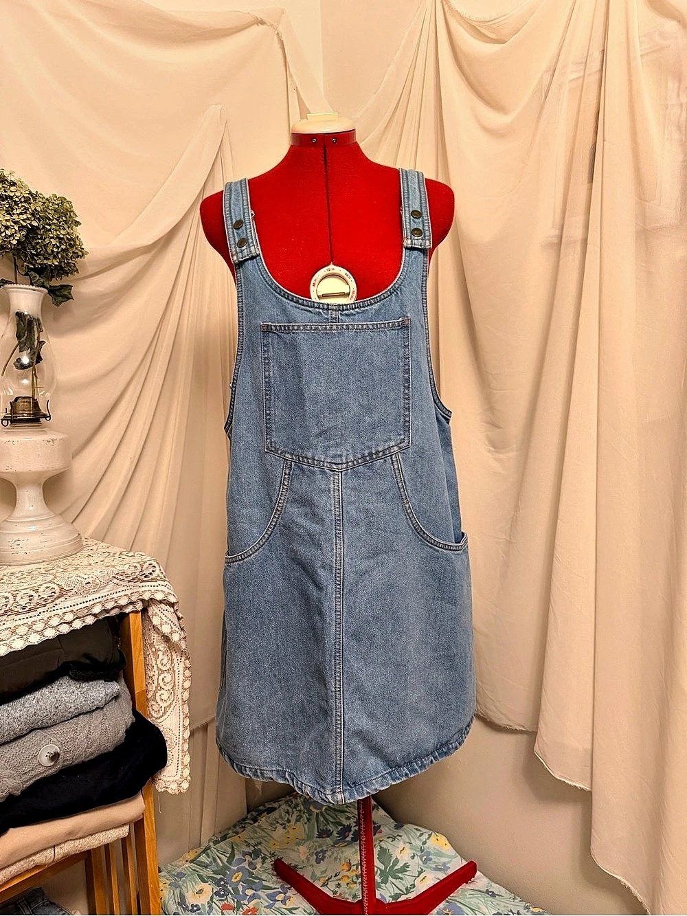 Vintage 90s Light Wash Denim Overall Jumper Pinafore Dress